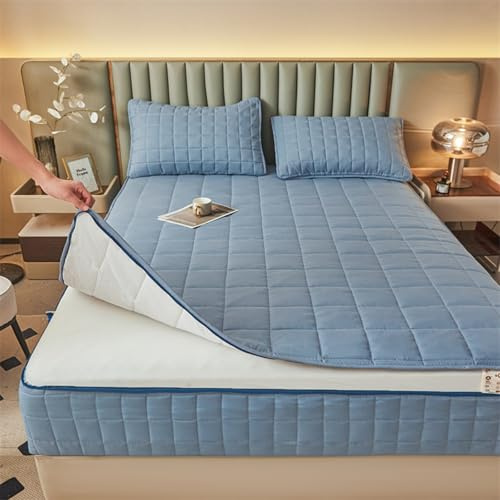 Coprimaterasso con Cerniera Matrimoniale/Singolo 160x190 Personalizzabile Fodera Materasso Topper A Sacco Lenzuolo Lavabile Imbottito/Trapuntato Copri Proteggi Materasso con Zip (160x190+16cm,Blue B)