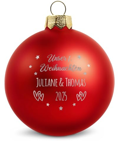 GRAVURZEILE Weihnachtskugel mit Gravur - Unser erstes Weihnachten - Personalisiert mit Namen & Jahr - Festliche Christbaumkugel für Paare als Weihnachtsdeko - Farbe: Rot Matt - Größe: 10 cm