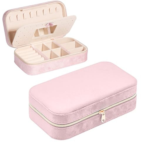 ICOUVA Jewellery Box Organiser, Mini Velvet Travel Jewelry Case with Zipper for Rings Earrings Necklace Bracelets, Small Portable Travel Jewellery Organiser Storage Case for Girls Women, Pink