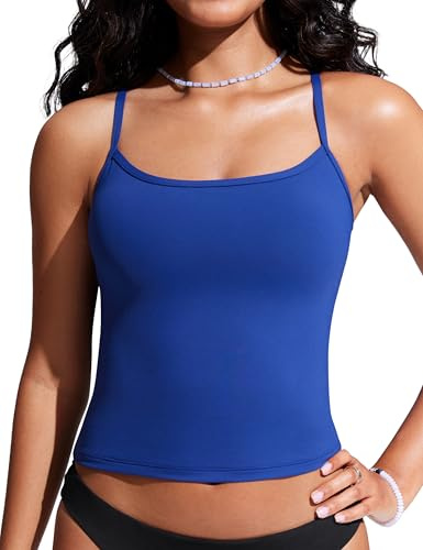 CRZ YOGA Donna Racerback Tankini Top Scollo Rotondo Spaghetti Straps Costume da Bagno Bikini Top Solo Imbottito Onde Blu 48