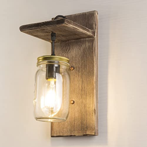 OZBME E27 Wood Retro Wall Light Bedside lamp Creative jam jar Wall lamp Vintage Indoor Glass Wall Lighting Drift Bottle Lighting for Bedroom Living Room Hallway Stairs