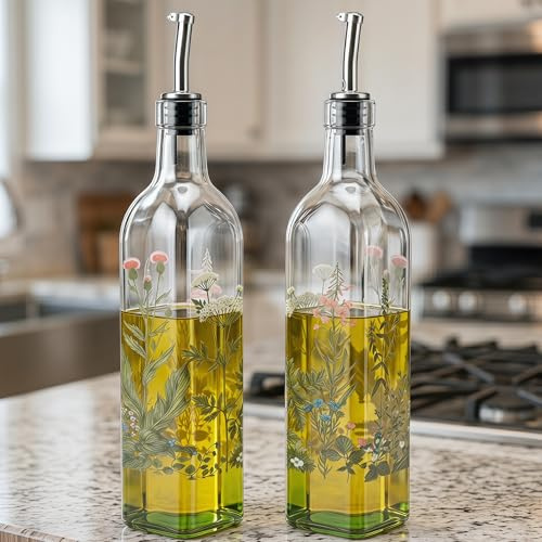 DUSVALLY Oil Bottle Vinegar Cruet Olive Oil For Kitchen Cooking 2 PACK 17oz，Pink and White Flowers