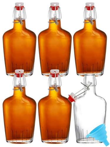 AXIM Juego de 6 frascos de vidrio con tapa abatible, 8.5 onzas, botellas de cristal transparente para whisky con tapón hermético para extracto de vainilla casero, limoncello, kombucha, kéfirm de agua