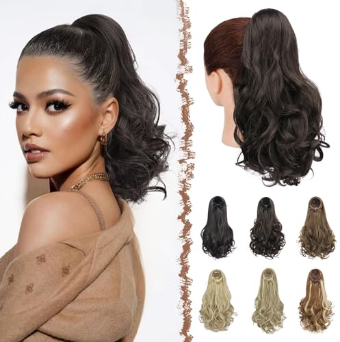 FESHFEN Zopf Pferdeschwanz Haarextension mit kordelzug, 38 cm Wellig Lockig Synthetik Haarverlängerung Clip in Haarteil Ponytail Kunsthaar Haarzopf für Damen, Dunkelbraun