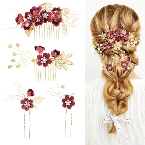 Accessoires cheveux demoiselle d'honneur, peignes de mariage, postiches, épingles à cheveux fleurs pour femmes, accessoires cheveux mariage, bal (bordeaux)