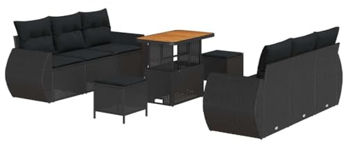 vidaXL 9-delars trädgårdssoffa med kuddar svart poly rattan akacia, vidaXL 3-delars trädgårds matbord med kuddar svart poly rattan akacia