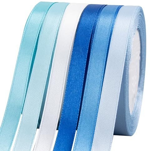 Foshird Satinband blått 10 mm x 22 m presentband ljusblå band bröllop polyester mörkblå band för pyssel vitt dekorativt band för födelsedag gör-det-själv presentförpackning