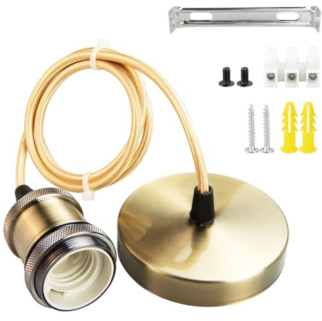 URCIANOW Ceiling Pendant Light Fitting Vintage Antique Brass E27 Screw Lamp Holder with 100cm Braided Flex Cable Free Adjustment Lock Ring IP44 Waterproof light fittings ceilings 1 Pack
