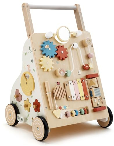 PTINFLUCE Wooden Baby Walker, Baby Push Walker for Boys and Girls 12 Months+, Adjustable Speed and Height Activity Walker, Montessori Push Toy for Toddler Learning to Walk
