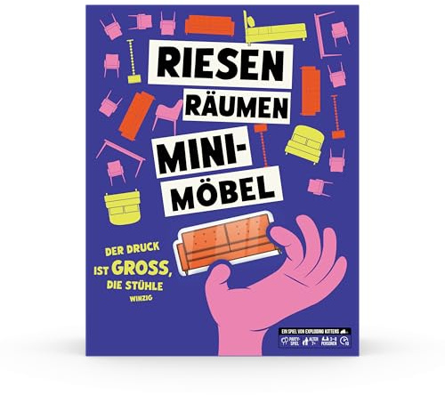 Exploding Kittens Riesen räumen Mini-Möbel, 3–8 Personen | Bildet in diesem lustigen Geschicklichkeitsspiel Teams und transportiert bzw. balanciert winzige Möbel mit riesigen Händen.