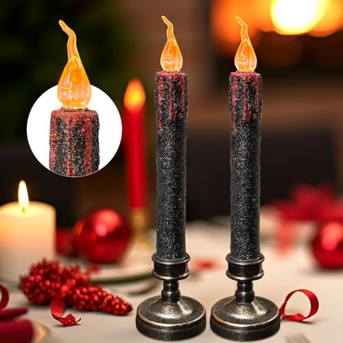TINYOUTH 2PCS 30CM Große LED Kerzen für Halloween Weihnachten, Schwarze Glitzer Tischkerzen Licht Batterien Enthalten für Hochzeitsfeier Jubiläum Verlobung Dekoration