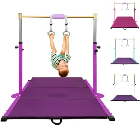 HomeSun Gymnastikstange für Kinder Robuste Kip Bar mit Ringen horizontale Turnreck für Heimtraining Höhenverstellbar 90-150cm Trainingsgerät bis 100 kg Alter 3-15 (Reck mit Matte, Lila-Violett)