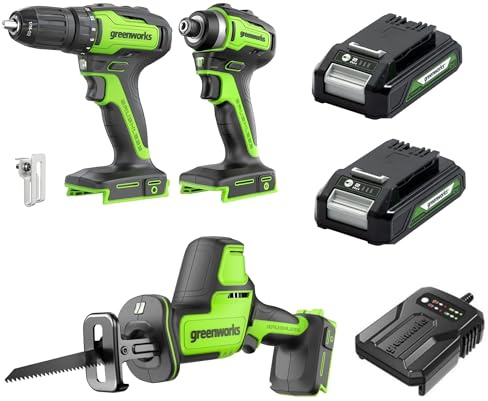 Greenworks Set med 3 sladdlösa verktyg 24 V bestående av sladdlös skruvmejsel (35 Nm), sladdlös slagskruvmejsel (220 Nm), mini trådlös sabelsåg, 2 batterier och laddare