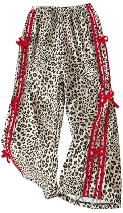 Floerns Girl's Y2k Cheetah Wide Leg Pants Elastic Waist Bow Leopard Baggy Trousers Red 8Y