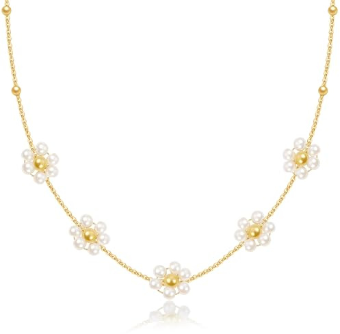 RIXERKOC Perlenkette Damen 14K Gold Gänseblümchen Perlen Halskette Verstellbar Elegante Choker Kette Schmuck Geschenke für Weihnachten Muttertag Hochzeit