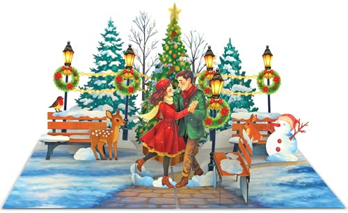 Favour Pop Up Exclusiva tarjeta de Navidad 3D paisaje invernal con pareja bailando y árbol de Navidad, tarjeta de felicitación grande hecha a mano, 15 x 20 cm, con muñeco de nieve, linternas, tarjeta