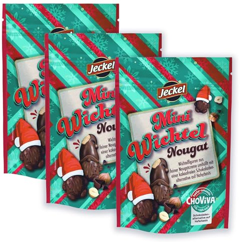 Jeckel Mini Wichtel Nougat ChoViva 3 x 100g – kakaofreie Schokoladenalternative auf Haferbasis mit Haselnuss-Nougat gefüllt – weihnachtlicher Snack aus ChoViva Schokolade zum Wichteln
