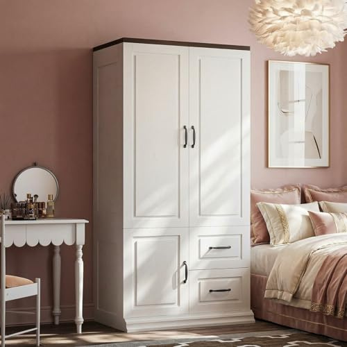 ANCTOR Wardrobe Closet with Drawers, 71.1 H Tall Wooden Armoire with 2 Doors and Hanging Rod for Hanging Clothes, Freestanding Wardrobe Storage Cabinet, Stand Alone Clothing Organizer Closet, White
