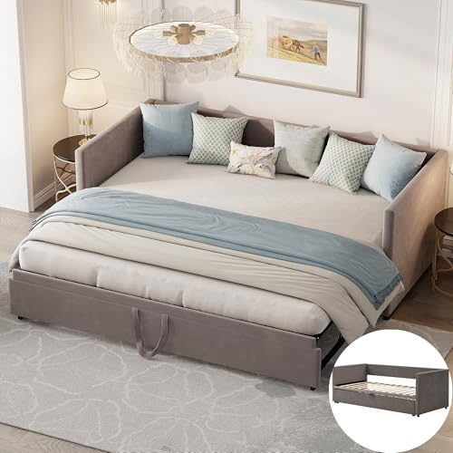 Ravas Schlafsofa 90/180 x 200 cm, Tagesbett Ausziehbar Sofabett mit Lattenrosten, Polsterbett für Erwachsene und Jugendliche, Samtstoff, ohne Matratze, grau