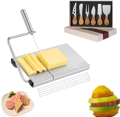 Genérico Cortador de queso con 5 hilos de repuesto,Cuchillos para queso 6 piezas,Tabla de corte con regla en cm,Mango acacia,Acero inoxidable,Con caja de regalo,Medidas:21.1×13.0×2.5cm (PL)