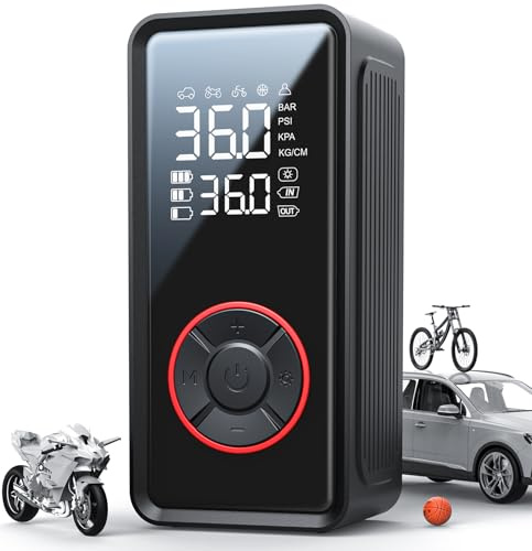Powools Fahrradpumpe - Tragbare Elektrische Luftpumpe Fahrrad, 3X Schnelleres Aufpumpen Mit LED-Licht, Auto-Stop Luftpumpe Elektrisch Mit 4 Düsen Für Auto, Motorrad, Ball, Schwarz, 7.2 x 5.0 x 15.0 cm