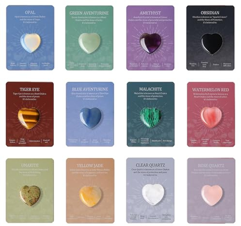 12 Stück Heilsteine Herz Edelsteine Set mit 12 Karten, Pocket Kristalle Mutsteine Glückssteine, Kleiner Glücksbringer Kleine Geschenke zum Valentinstag & Schulparty Tauschgeschenk