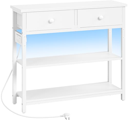HOOBRO Console Table with Charging Station, 2 Drawers and LED Light, Narrow Hallway Table, Sofa Side Table, Display Stand, Slim Console Table for Hallway, Living Room, White EWW91KDXG01