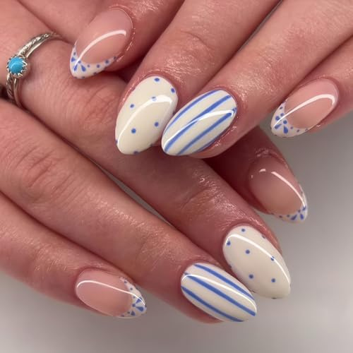 Celblisora 24 Stück gepunktete, kurze Mandelform-Kunstnägel zum Aufkleben mit süßen Frühlingsmotiven, wiederverwendbare Acryl-Nagelsticker für Damen