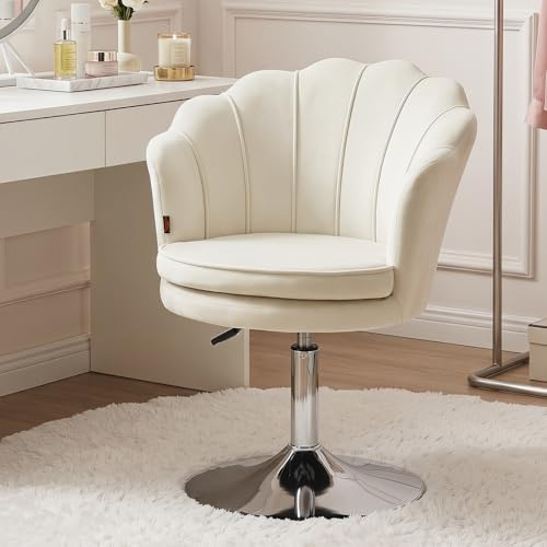 Ckaff Chaise Coiffeuse, Fauteuil Pivotant Réglable en Hauteur, Fautauil de Maquillage en Velours, Fauteuils Salon Chaise Rembourrée avec Pied Métal pour Salon Salle à Manger Chambre à Coucher, Beige