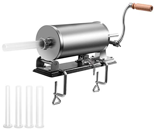 DREAMADE 3 KG Wurstfüller Manuell, Wurstfüllmaschine mit 4 Füllrohre, Wurstfüller Edelstahl Wurstmaschine, Fleischwolf Wurstspritze Wurstpresse, Silbrig (3 KG)