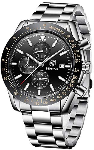 BY BENYAR Herren Uhr Beiläufig Elegantes 30M Wasserdicht Sport Chronograph Analog Quartz Armbanduhren für Herren Kalender Edelstahl Band
