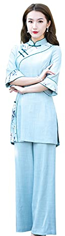 YXHUI Traje de Tai Chi Traje de Té Pantalones de Traje Cheongsam de Estilo Chino Traje de Estilo Nacional de 2 Piezas,Lightblue-XL