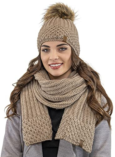 VIVISENCE Damen Mütze Mit Schal Set Mit Fleecefutter Wärme An Wintertagen 7016, Beige,Einheitsgröße