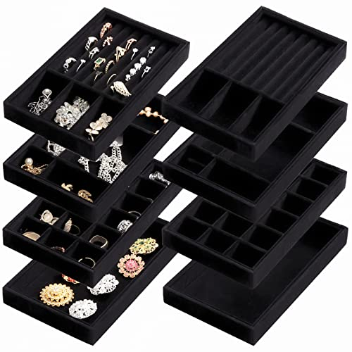 Elsjoy 8 Stück 4 Stile Schwarz Schmucktablett aus Samt, 21 x 12,5 cm Stapelbar Schmuckablage für Ringe, Ohrringe, Halsketten, Armband