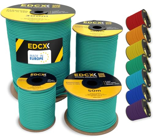 EDCX 4mm Nylon Paracord 550 30m (100 fot) - Typ III, 100% nylonrep, 7-trådsrep, 4mm nylonrep i enfärgade färger (Emerald Green, 30 m)