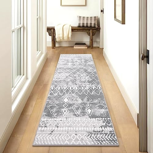 Carvapet Läufer Teppich 60x240cm rutschfest Lang Küchenteppich Waschbar Teppichläufer Weiche Mikrofaser Geometrisch Flächenteppich Laufteppich(Grau)