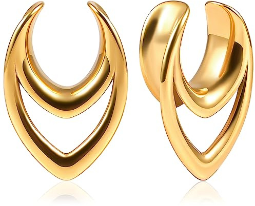Vankula Ohr Tunnel 1 Paar Saddles Flesh Plugs Hohl Tropfen Edelstahl für männer damen Ohrpiercing Gestreckte Schmuck 12mm(1/2) Gold