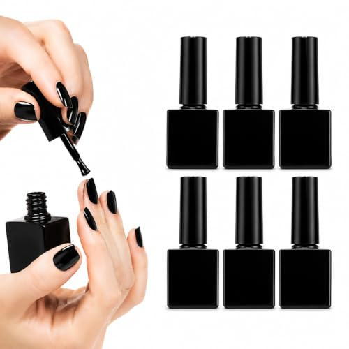 Beavorty Empty Nail Polish Bottles 6 Pack 10ml Black Glass Vials Brush Caps | Refillable Opaque Square Containers for Gel UV Varnish Cuticle Oil Liquid Storage Small Travel Jars Salon DIY Craft Tools