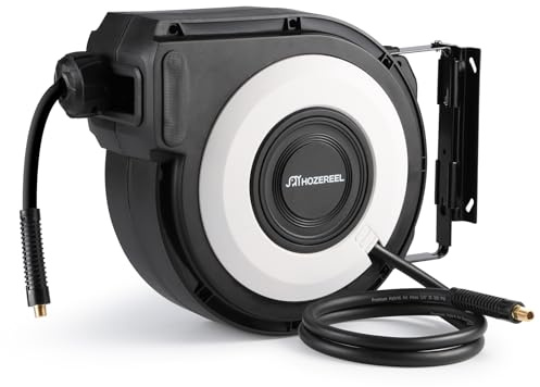 HOZEREEL Enclosed Retractable Air Hose Reel, 3/8 Inch x 50+6 Ft Hybrid Hose Air Compressor Hose Reel in Max 300 PSI Design, 180°Swivel Bracket Quick Coupler