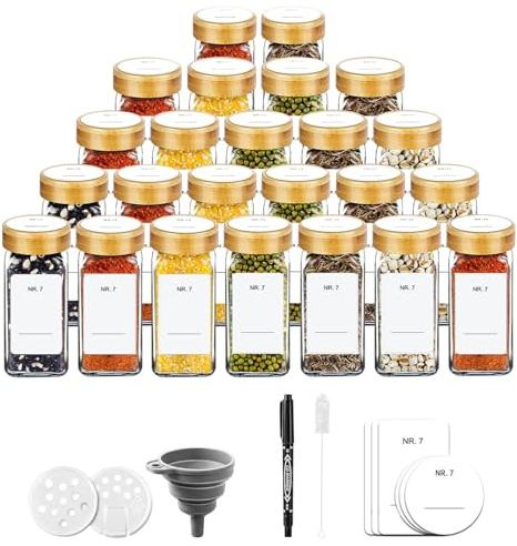 SIAZIH 24 Gewürzgläser eckig mit Bambusdeckeln，Glasbehälter mit Deckel 120ml, Vorratsdosen Glas Set, Zwei Typen Von Gewürzsieben Gewürzstreuer,Camping Outdoor Gewürz Organizer
