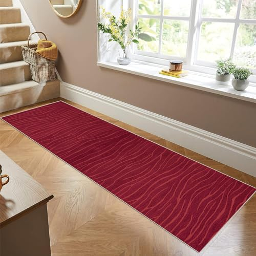 Siunwdiy Teppich Läufer Flur Küche rutschfest Waschbar Roter Küchenläufer Lang Gestreifter Korridor -Teppichläufer Flurteppich Küchenteppich Meterware Anpassbar,Redb,90x260cm