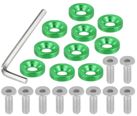 Motoforti Rondelle Universali Testa Svasata Verde 1 Set Alluminio M6 | Materiale: Lega Di Alluminio, Filettatura: M6x1.0, Spessore: 3.9mm, Dim: 3.9x18mm, Cont: 10 Rondelle+10 Viti+1 Chiave