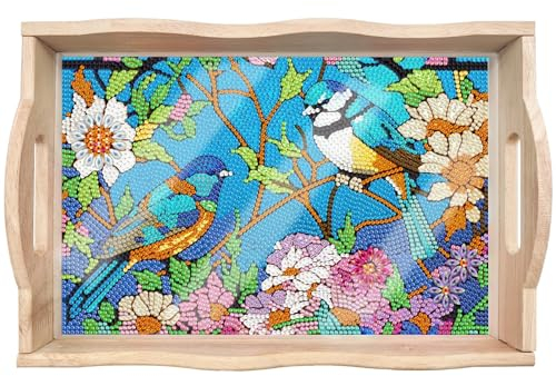 DIY Diamant Malerei Tablett Diamant Kunst Malerei Palette Handgemachte Holztablett Speiseteller Teetablett Kaffeetablett Diamantmalerei Mandala Geschenk (Vögel Singen und Blumen Duften)