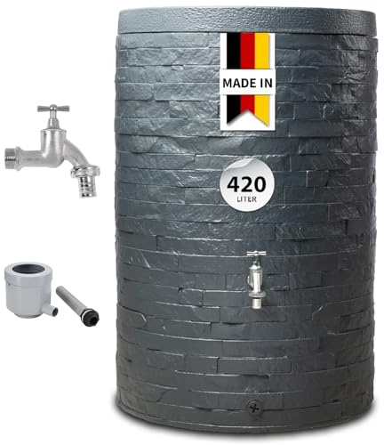 GARANTIA Muro Regentonne Komplett-Set 420 Liter Graphite Grey | inkl. Chrom-Auslaufhahn und Fallrohranschluss Wassertank, Regenfass, Tonne mit Deckel, Regenwassertonne, Wasserbehälter, Fass