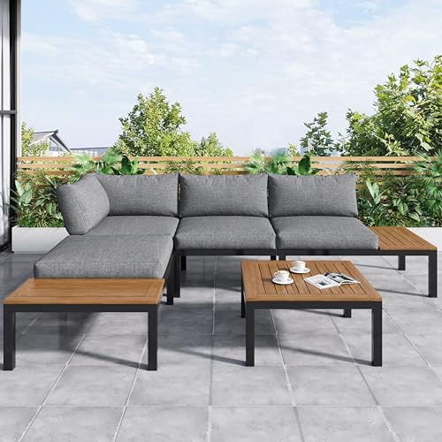 Kayan Gartenmöbel Set 4-Personen, Lounge Sitzgruppe Outdoor mit Sofa Tisch, Ecksofa-Set aus Stahl und Massivholz, für Garten Balkon und Terrasse, inkl. Kissen, Wetterfest Gartenlounge Set (Grau)