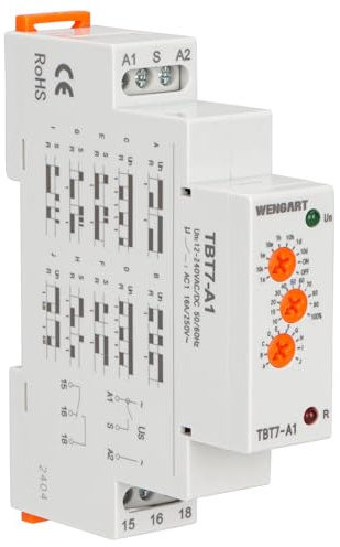 Wengart Relé Temporizador Multifunción TBT7-A1, 10 Funciones de Retardo, Voltaje Universal AC/DC 12V-240V, Montaje Carril DIN, Indicadores LED, Ideal para Automatización, Riego y Camper (1 SPDT)