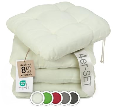 ZOLLNER 4er Set Sitzkissen in 38x38cm - gemütliche Stuhlkissen mit Bindebänder - waschbar bis 30°C - in beige - Oeko Tex® Zertifiziert