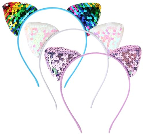 Qianyu 3 diademas de lentejuelas con orejas de gato, lindas diademas de gato con purpurina, accesorios de aro de metal para mujeres y niñas, suministros de fiesta, Navidad, Halloween, decoración de