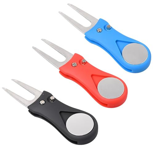 OWLMATE 3 Stück Pitchgabel Golf, Golf Pitchgabel Edelstahl Golf Divot Multifunktion Tool mit Pop-up-Taste und Ball Marker, Tragbares Golf Reparaturzubehör
