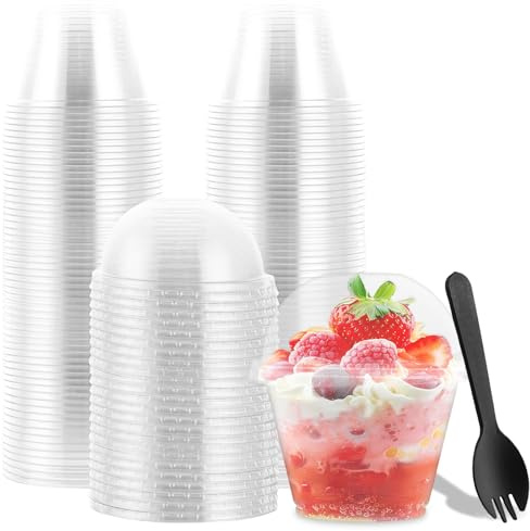 LDXDRU 100 Stück Plastik Dessertbecher mit Deckel, 180ml Desserttasse, Klare Dessertschalen Wiederverwendbar, Dessert becher, Dessertgläser Plastik mit Deckel für Pudding Mousse Eiscreme